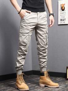 Manfinity Homme Men Flap Pocket Cargo Pants Long Plain Cream Going Out, For Fall