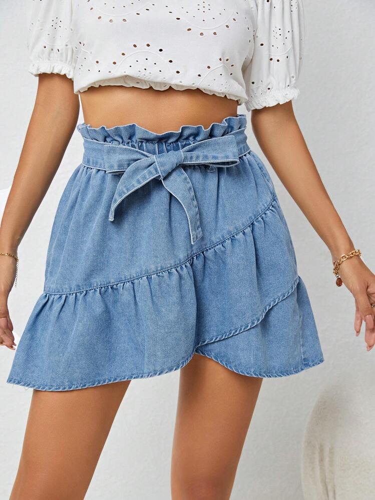 SHEIN VCAY Jupes en jean pour femmes Ceinture Ourlet à volants Taille froncée Unicolore - Jean clair - Voir 1