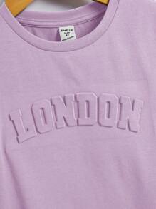 SHEIN 幼童男孩簡約純色字母壓花休閒T卹 - 紫丁香色 - 查看 4