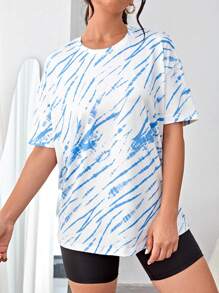 SHEIN Tie Dye Drop Shoulder Sports Tee - Blue - View 3