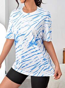 SHEIN Tie Dye Drop Shoulder Sports Tee - Blue - View 5