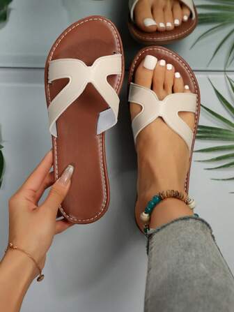 女士鏤空涼拖,優雅淺褐色平底涼鞋