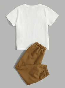 SHEIN Little Byeori 男小童獅子和字母圖案T恤&腰部抽繩長褲 - 棕色 - 查看 3