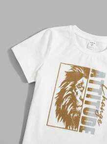 SHEIN Little Byeori 男小童獅子和字母圖案T恤&腰部抽繩長褲 - 棕色 - 查看 4