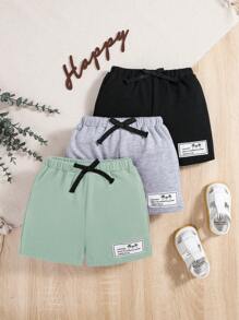 SHEIN Baby Boy 3pcs Letter Patched Detail Bow Front Shorts - Mint Green - View 1