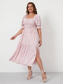 SHEIN VCAY 大碼碎花高衩連衣裙 - 粉色 - 查看 3