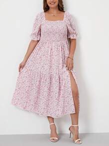 SHEIN VCAY 大碼碎花高衩連衣裙 - 粉色 - 查看 2