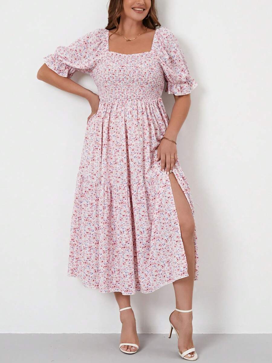 SHEIN VCAY 大碼碎花高衩連衣裙 - 粉色 - 查看 1
