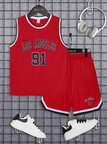SHEIN Tween Boy Letter Graphic Contrast Trim Basketball Jersey Set - Red - View 1