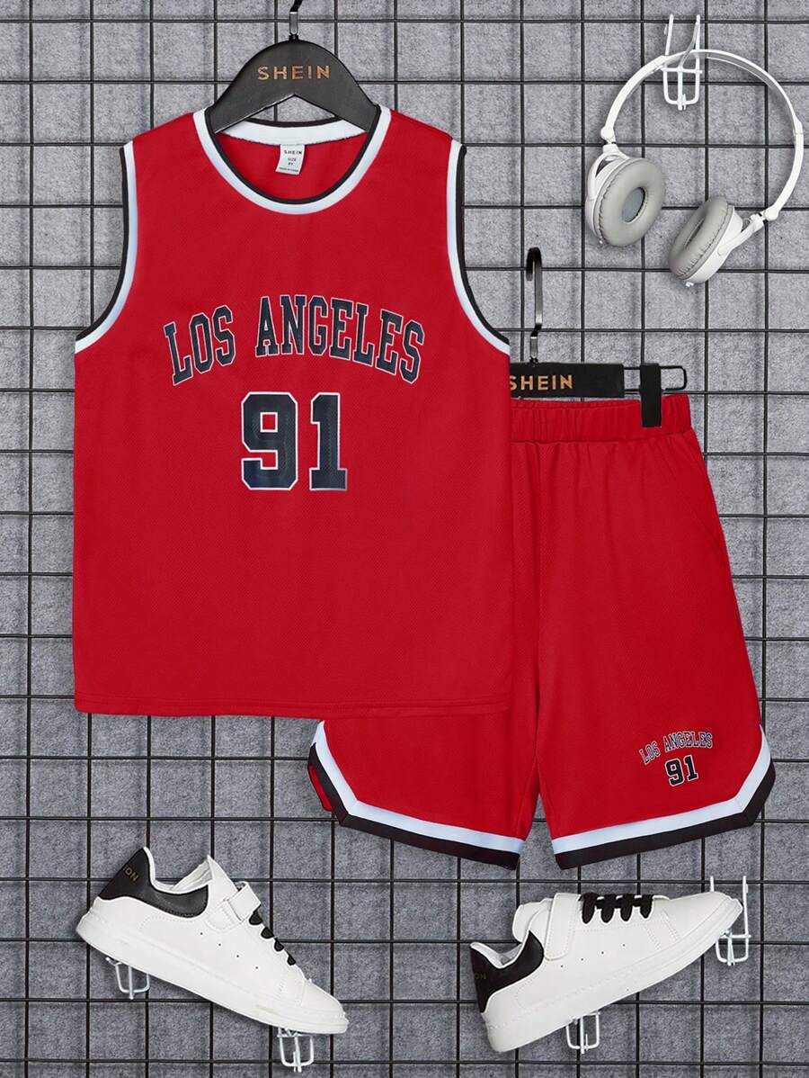SHEIN Tween Boy Letter Graphic Contrast Trim Basketball Jersey Set - Red - View 1