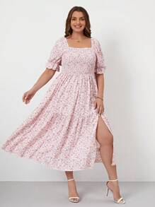 SHEIN VCAY 大碼碎花高衩連衣裙 - 粉色 - 查看 6