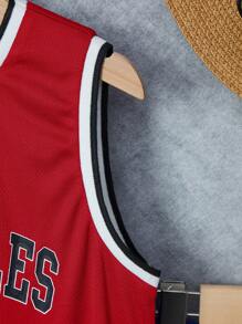 SHEIN Tween Boy Letter Graphic Contrast Trim Basketball Jersey Set - Red - View 3