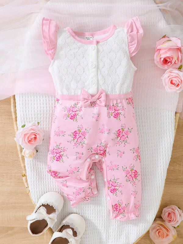 SHEIN Babymeisje Bloemenprint Ruchestrim Strik aan de achterkant Contrastkant Jumpsuits
