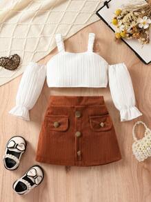 SHEIN 女嬰挖肩喇叭袖上衣&翻蓋細節半身裙