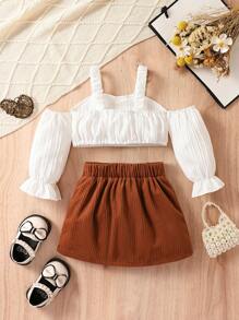 SHEIN 女嬰挖肩喇叭袖上衣&翻蓋細節半身裙