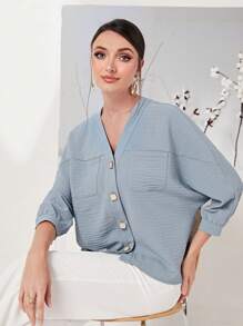 Seusyu Dual Pocket Batwing Sleeve Button Front Blouse - Dusty Blue - View 1