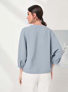 Seusyu Dual Pocket Batwing Sleeve Button Front Blouse - Dusty Blue - View 2