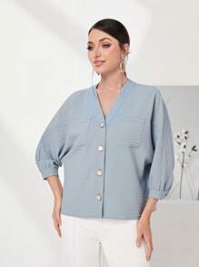 Seusyu Dual Pocket Batwing Sleeve Button Front Blouse - Dusty Blue - View 3