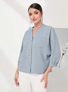 Seusyu Dual Pocket Batwing Sleeve Button Front Blouse - Dusty Blue - View 5