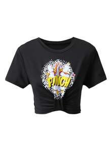 字母圖案褶邊短款T恤 - 黑色 - 查看 1