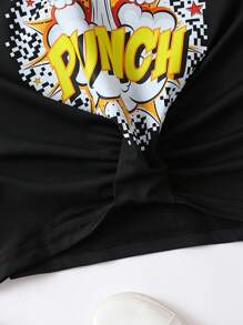 字母圖案褶邊短款T恤 - 黑色 - 查看 4