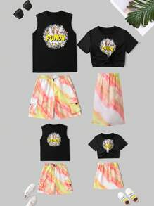 字母圖案褶邊短款T恤 - 黑色 - 查看 7