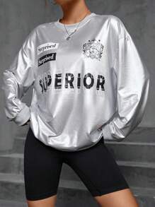 SHEIN Unity 字母圖案落肩袖運動衫 - 銀色 - 查看 4