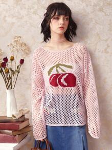 ROMWE Kawaii Cherry Pattern Drop Shoulder Open Knit Jumper - Pink - View 1