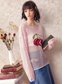 ROMWE Kawaii Cherry Pattern Drop Shoulder Open Knit Jumper - Pink - View 3