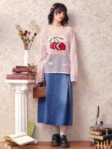ROMWE Kawaii Cherry Pattern Drop Shoulder Open Knit Jumper - Pink - View 4