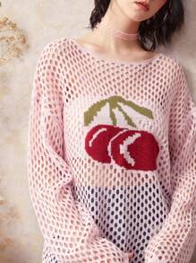 ROMWE Kawaii Cherry Pattern Drop Shoulder Open Knit Jumper - Pink - View 5