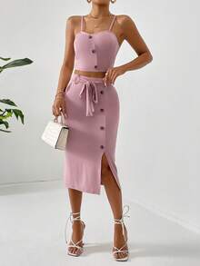 SHEIN Essnce 紐扣細節吊帶上衣和高衩腰帶半身裙 - 粉色 - 查看 6