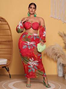SHEIN SXY Plus Floral Print Off Shoulder Crop Top & Skirt - Red - View 1