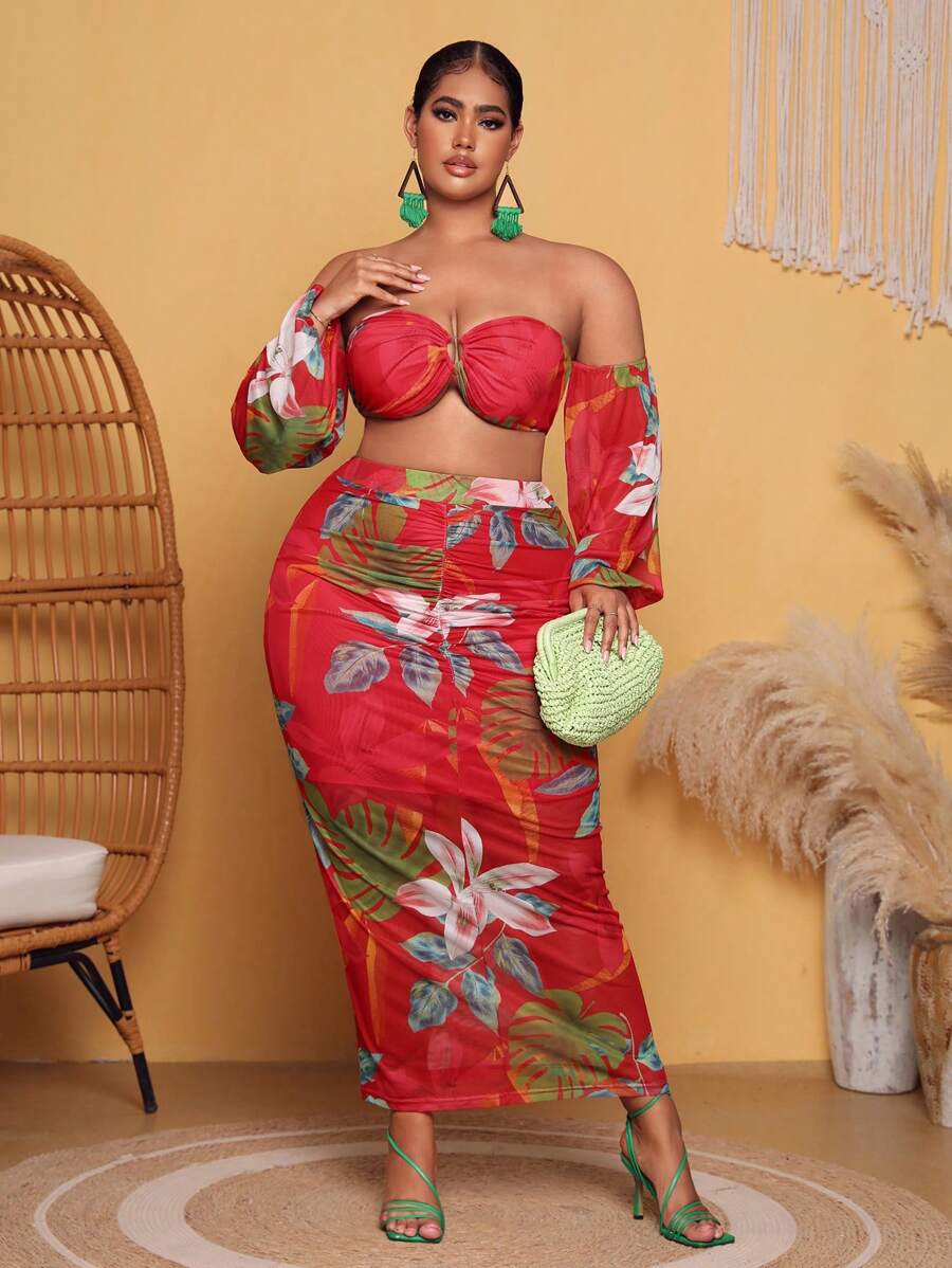 SHEIN SXY Plus Floral Print Off Shoulder Crop Top & Skirt - Red - View 1