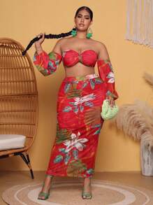 SHEIN SXY Plus Floral Print Off Shoulder Crop Top & Skirt - Red - View 5