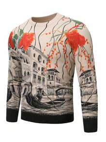 Manfinity LEGND 男士花卉圖案和人像圖案套頭毛衣 - 杏色 - 查看 1