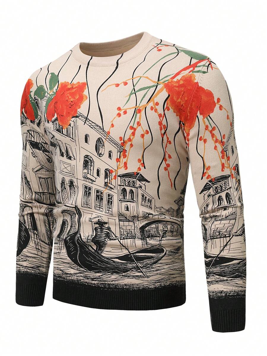 Manfinity LEGND 男士花卉圖案和人像圖案套頭毛衣 - 杏色 - 查看 1