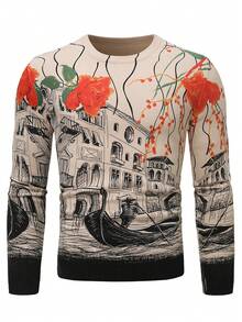 Manfinity LEGND 男士花卉圖案和人像圖案套頭毛衣 - 杏色 - 查看 3