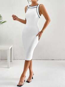 Firerie Date Night Contrast Binding Bodycon Dress Without Belt - White - View 1