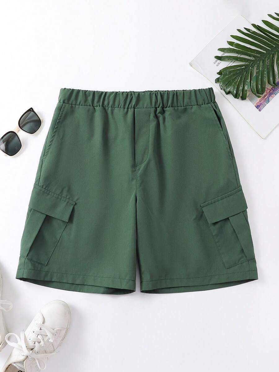 Manfinity 男士側翻蓋口袋工裝短褲 - 軍綠色 - 查看 1