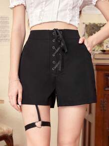 ROMWE Lace lên phía trước Garter Quần short - màu đen - Xem 1
