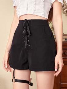ROMWE Lace lên phía trước Garter Quần short - màu đen - Xem 3