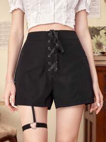 ROMWE Lace lên phía trước Garter Quần short - màu đen - Xem 5
