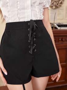 ROMWE Lace lên phía trước Garter Quần short - màu đen - Xem 6