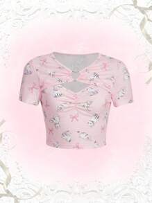 ROMWE Kawaii Đồ họa Hoạt hình Xù Cắt ra phía trước Áo thun - Hồng - Xem 1