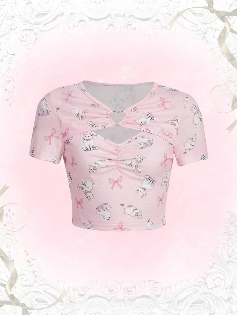 ROMWE Kawaii Đồ họa Hoạt hình Xù Cắt ra phía trước Áo thun - Hồng - Xem 1