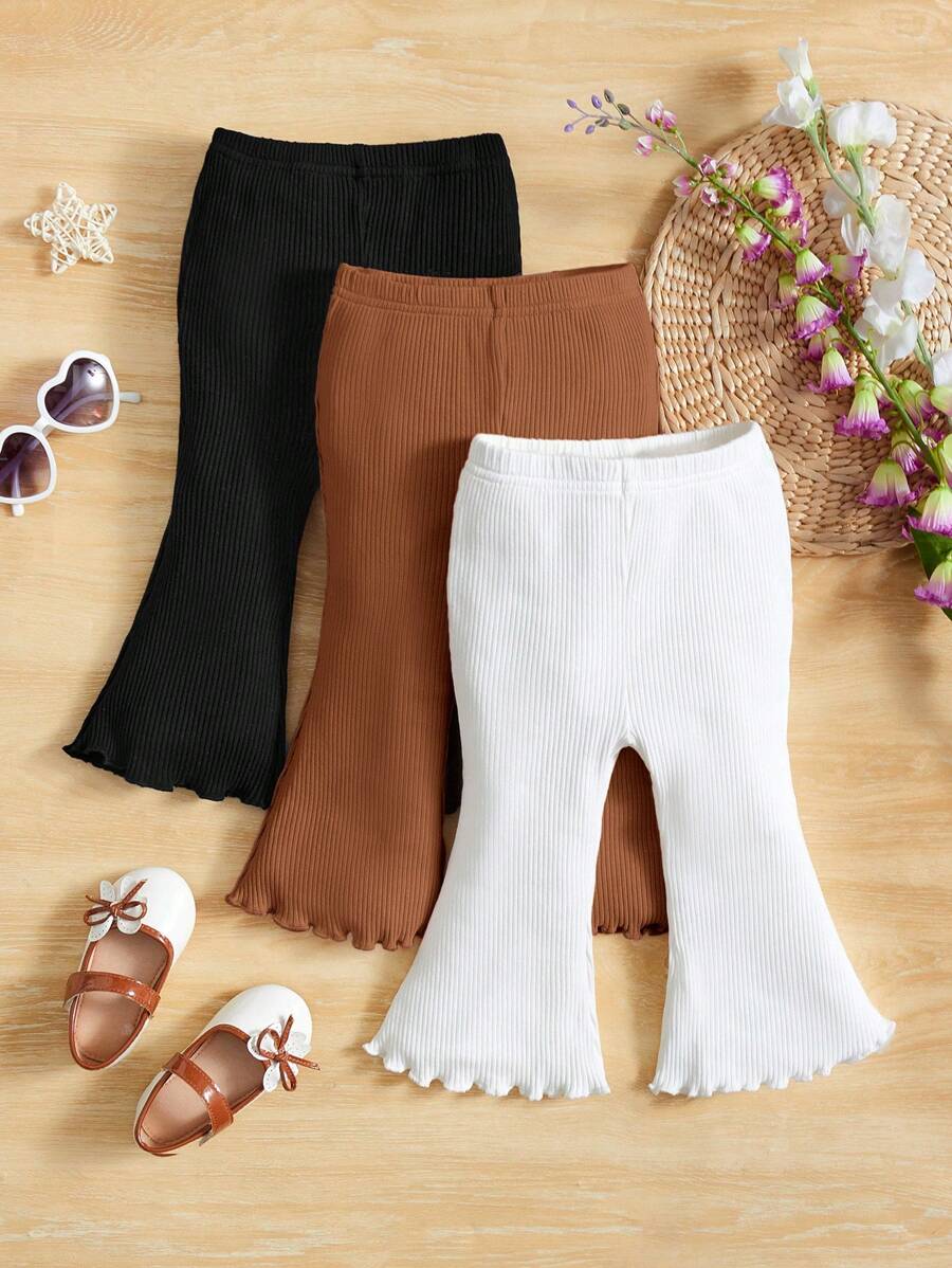 SHEIN Leap Crew 女嬰 3 件休閒舒適純色荷葉邊喇叭褲 - 彩色 - 查看 1