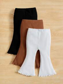 SHEIN Leap Crew 女嬰 3 件休閒舒適純色荷葉邊喇叭褲 - 彩色 - 查看 2
