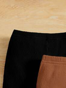 SHEIN Leap Crew 女嬰 3 件休閒舒適純色荷葉邊喇叭褲 - 彩色 - 查看 3