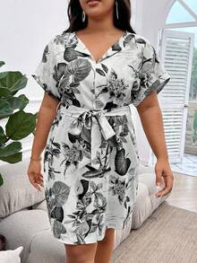 SHEIN LUNE Plus Tropical Print Batwing Sleeve Belted Dress - Multicolor - View 4